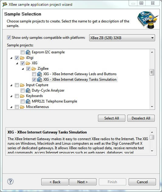 XBee Application Sample Wizard - Sample selection page