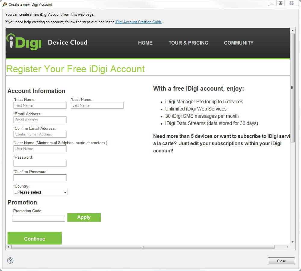 Create iDigi account dialog